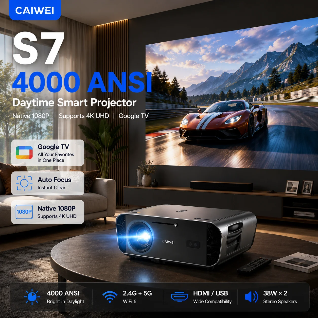 Home Cinema Experience - Projetor 4K S7 4000ANSI para Uso