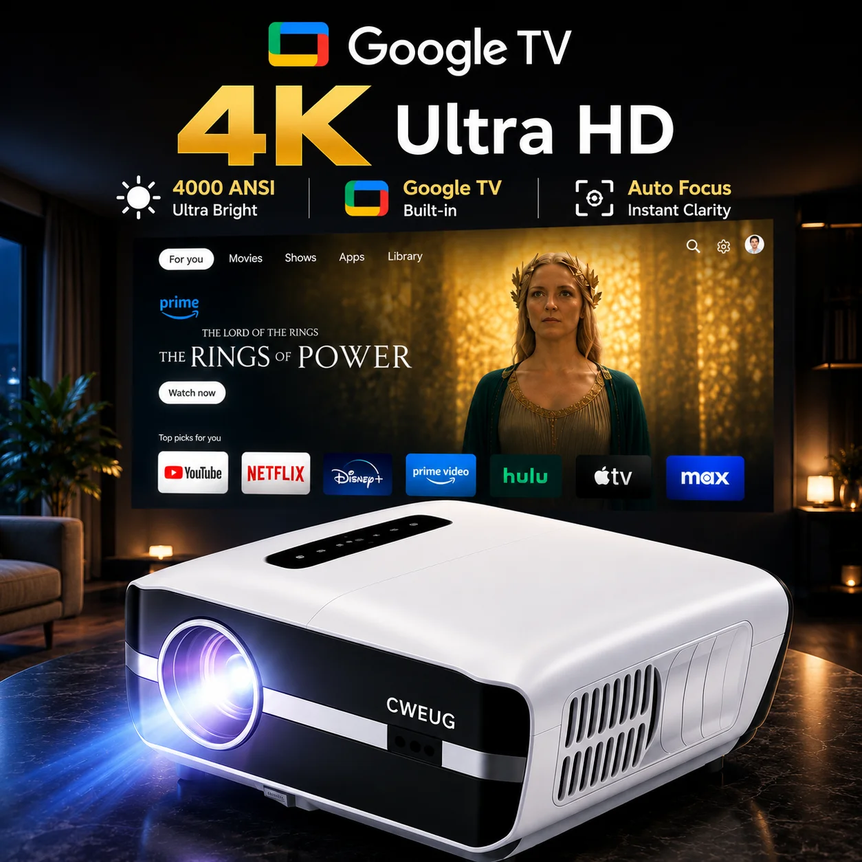 Home Cinema Experience - Projetor NewA9S 4k com Foco Automático,